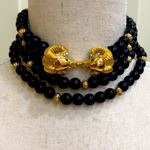 COPY - Vintage KJL Black & Gold Bead W/ Ram Head Necklace